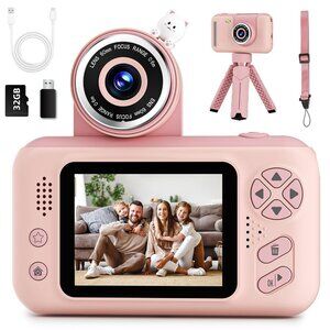 Kids Selfie Camera, 1080HD Digital Video Camcorder Camera with 32G SD Card,Pink